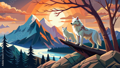 Very beautiful two majestic white wolves perched on a tree branch overlooking mountain peaks at sunset, vector-style scene radiating strength, mystery, and wilderness beauty.