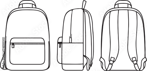 Minimalist backpack vector illustration with front, side, and back technical drawing views