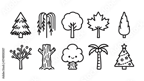 Set of Minimal Line Art Tree Icons and Forest Symbols