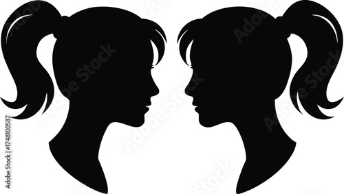 Silhouette of two ponytail head profiles facing opposite directions, mirrored female portrait vector ideal for beauty, fashion, and hairstyle designs