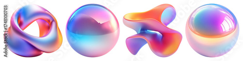 PNG Colorful abstract 3D shapes with smooth, glossy surfaces element set on transparent background.