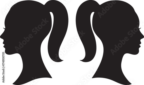 Silhouette of two ponytail head profiles facing opposite directions, mirrored female portrait vector ideal for beauty