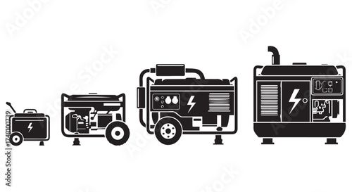 Set of portable generator silhouettes of varying sizes isolated on transparent background
