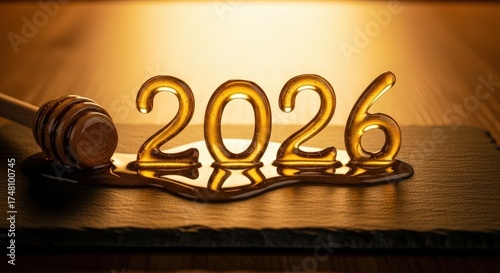 Honey numbers spell 2026 on slate board with honey dipper on the side for new year