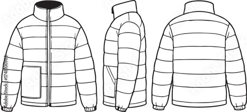Vector illustration of puffer jacket fashion flat template with front, side and back view, quilted winter coat design for apparel
