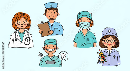 Friendly cartoon medical team ready to assist, featuring a caring doctor, nurse, surgeon, and dentist, all smiling with compassion and professional expertise
