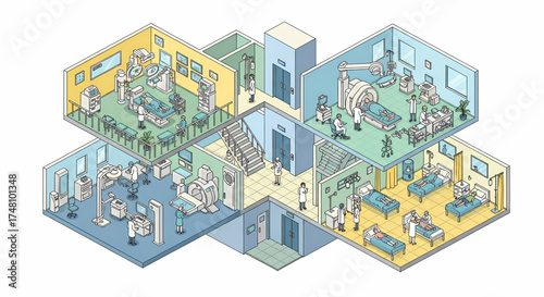 Isometric view of a modern hospital interior featuring medical equipment, doctors, and patients offering a glimpse into advanced healthcare procedures and patient care