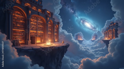 Fantasy cosmic library floating among stars, glowing bookshelves with radiant manuscripts, nebula clouds swirling around