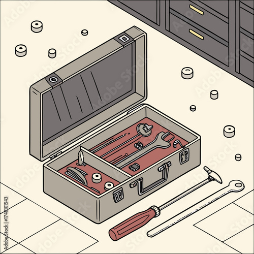 Vector art of isometric toolbox with tools open