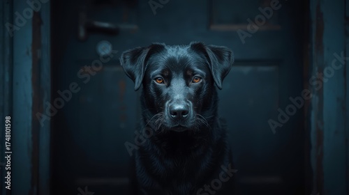 A black dog with completely black eyes stands at a worn wooden back door, surrounded by an aura of mystique