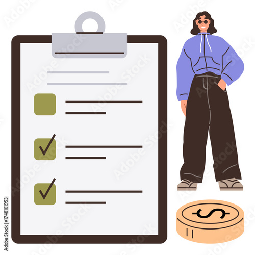 Detailed checklist with completed tasks contrasted by a confident person in casual attire standing nearby. Coin signifies financial planning. Ideal for productivity, goal-setting, organization