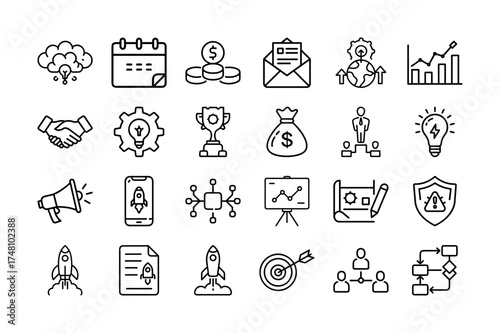 Startup & Entrepreneurship vector icon set. Business Launch, Innovation, Teamwork, Idea, Growth, Investment, Strategy, Pitch, Funding, Office, Networking, Success, Leadership, Editable stroke. 