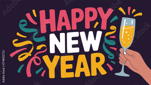 Happy new year celebration party cheers champagne confetti streamers festive holiday greeting occasion 2024 silhouette