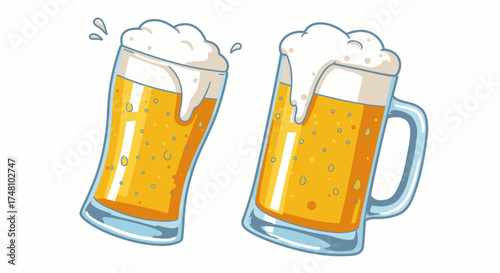 Two animated beer mugs with frothy heads and refreshing liquid
