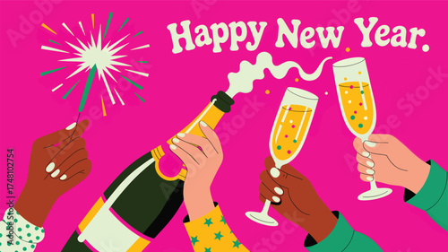 Happy new year celebration with champagne toast and sparklers festive holiday party new year eve celebration silhouette