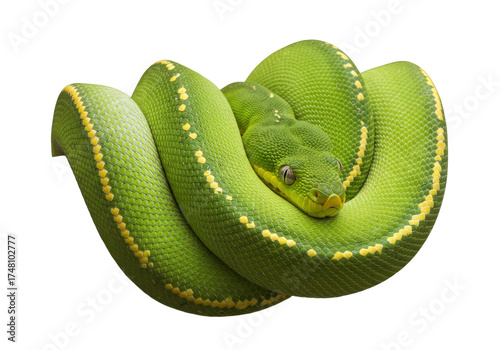 Obraz na plátně Isolated coiled green tree python Morelia viridis with yellow markings in a stud