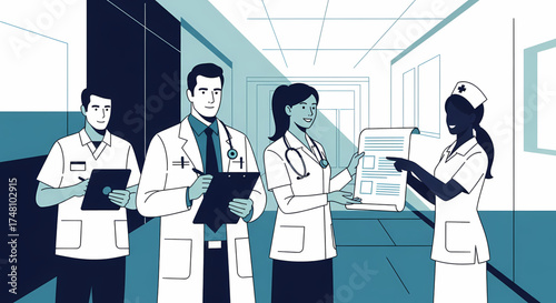 A professional medical team of doctors and nurses actively collaborates in a hospital corridor, diligently reviewing patient records and discussing treatment strategies, showcasing teamwork