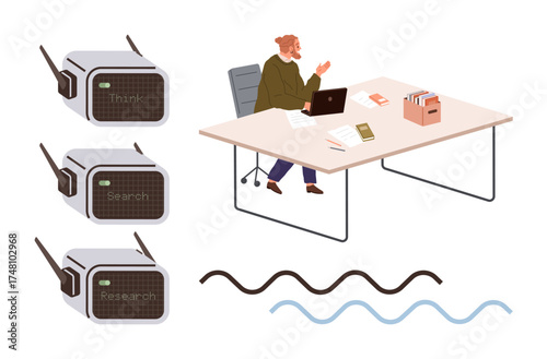 Person at desk with laptop, retro communication devices, and abstract waves symbolizing signals. Ideal for technology, communication, research, work, creativity innovation productivity. Simple flat