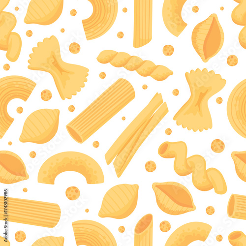 Pasta types seamless pattern. Different shapes of Italian pasta. Spaghetti, Farfalle, penne, rigatoni, ravioli, fusilli,conchiglie, elbows, rotelle, orzo, paccheri illustration