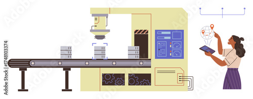 Factory robotic arm scanning products on a conveyor belt while worker analyzes data on a tablet. Ideal for automation, manufacturing, technology, innovation, smart systems, efficiency, simple flat