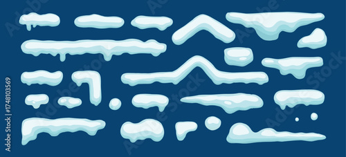 Set of white snowy cape set collection on blue background, snowdrifts set, Winter element, border frame snow decoration. cartoon flat decoration with snowflakes, icicles isolated on blue