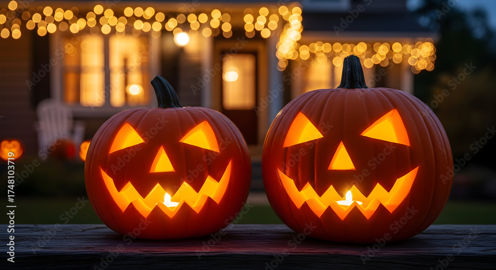 Obraz premium Capture the spooky spirit of Halloween with carved pumpkins glowing warmly against a backdrop of festive lights, creating a captivating seasonal scene.