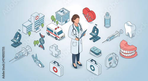 Isometric illustration of a female doctor surrounded by medical equipment, hospital, and health service symbols, representing a comprehensive modern healthcare system and patient care