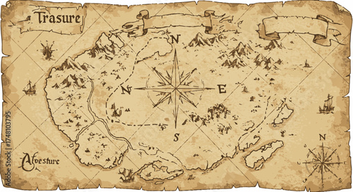 Vintage Treasure Map Illustration Featuring Whisk, Compass, and Islands from a Bird's Eye View