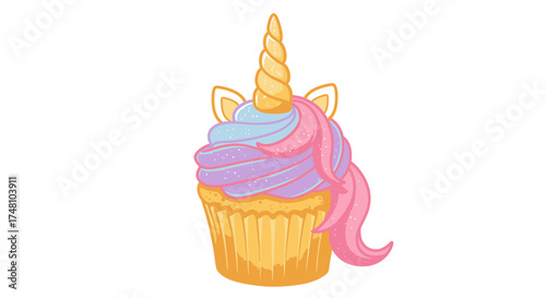 Whimsical unicorn cupcake illustration sweet dessert design with horn and mane