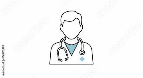 Minimalist line art illustration depicting a medical doctor or healthcare professional, symbolizing comprehensive health services, expert consultation, and patient care for diverse medical