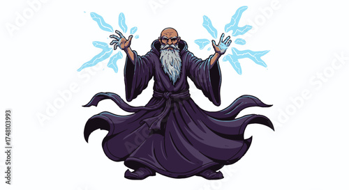 Wise wizard casting magical energy isolated on white background