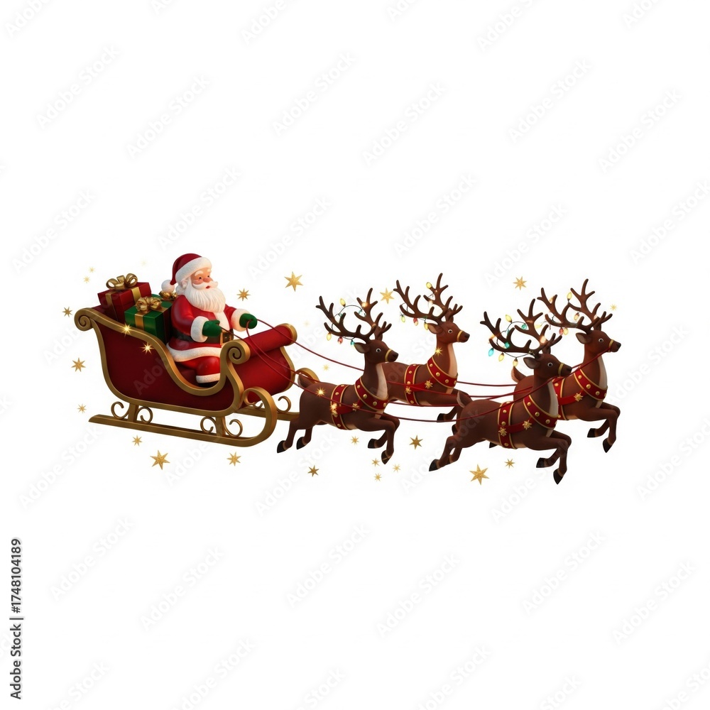 Fototapeta premium Festive Santa Claus in Red Sleigh with Reindeer and Presents on White Background for Holiday Cheer