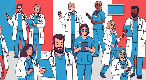A vibrant illustration featuring a diverse and dedicated team of healthcare professionals, including doctors and nurses, united in their commitment to deliver essential medical care