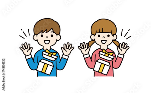 プレゼントをもらって喜ぶ、かわいい子供たちの上半身ベクターイラスト素材セット