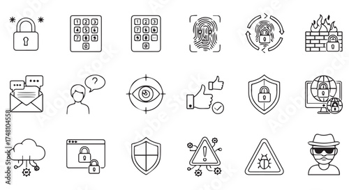 Collection of cybersecurity and data protection icons, including locks, fingerprints, firewalls, and network security, isolated on transparent background