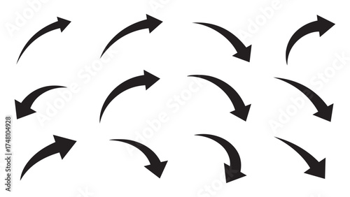 Set of Curved Black Arrows Isolated on White Background