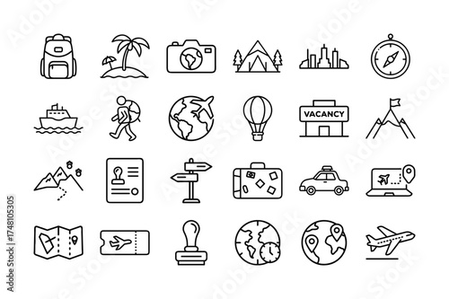World travel vector icon set. Airplane, Luggage, Passport, Globe, Landmark, Navigation, Adventure, Tourism, Vacation and more. Editable stroke. Vector illustration.
