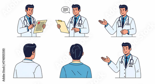 Dynamic vector illustrations of a professional male doctor in various healthcare scenarios patient consultations, clear medical explanations, and meticulous record reviews, ideal for digital health
