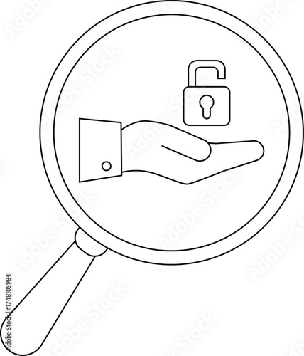 Magnifying glass reveals a hand offering an open padlock symbolizing unlocked security or access