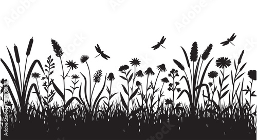 Silhouette of a meadow with various wildflowers, grasses, and dragonflies against a transparent background