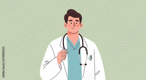 Smiling male doctor illustration in white lab coat with stethoscope, symbolizing expert medical care, professional healthcare services, and compassionate support for patient well-being