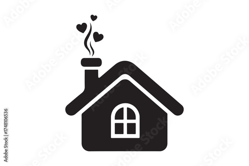 A charming small house emits hearts from the chimney on transparent background