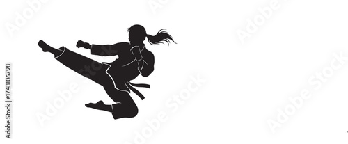 Black silhouette of a karate woman executing a jump kick with transparent background