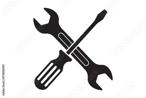 Black wrench and screwdriver crossed signify repair service, icon in solid shape with transparent background