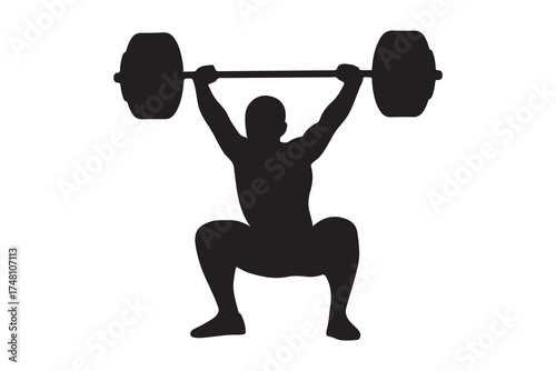Silhouette depicts squatting athlete lifting heavy barbell above head against a transparent background