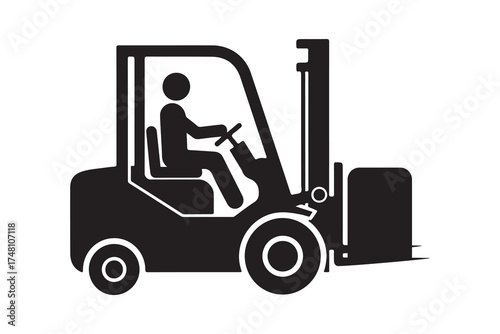 Silhouette depicts worker operating forklift, showcasing transport equipment, rendered on a transparent backdrop