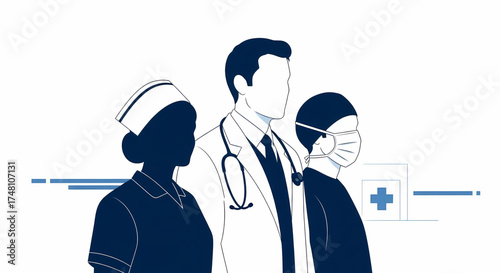 Dedicated team of diverse medical professionals, including doctors, nurses, and support staff, standing together, symbolizing unity, essential healthcare services, and professional commitment in