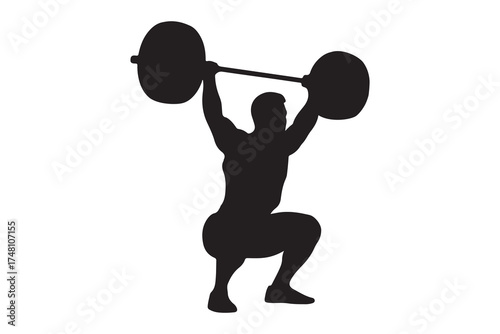 Silhouette displays strong man squatting while lifting heavy barbell over his head on transparent background