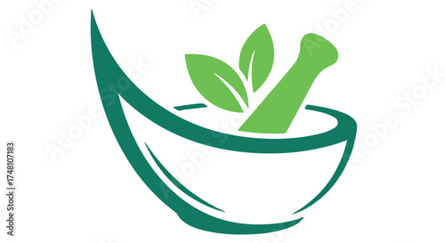Green mortar and pestle with leaves, symbolizing natural medicine and herbal remedies, isolated on transparent background