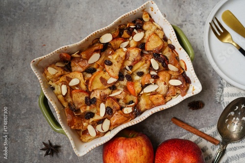 Cinnamon raisin Bagel bread pudding with caramelized apples and nuts